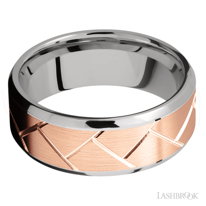 8 mm wide/Beveled/14K White Gold band with one 6 mm Centered inlay of 14K Rose Gold with a machined Flatweave pattern.