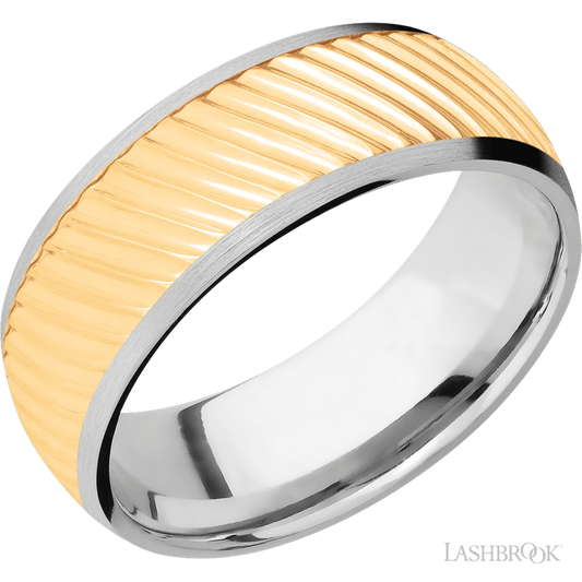 8 mm wide/Domed/14K White Gold band with one 6 mm Centered inlay of 14K Yellow Gold with a machined Ripple pattern.