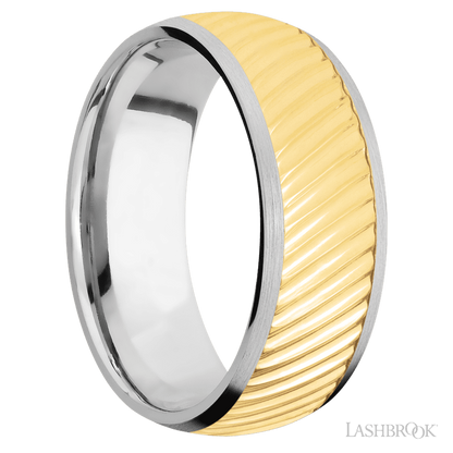 8 mm wide/Domed/14K White Gold band with one 6 mm Centered inlay of 14K Yellow Gold with a machined Ripple pattern.
