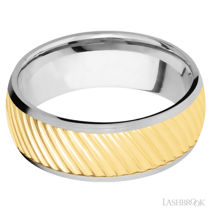 8 mm wide/Domed/14K White Gold band with one 6 mm Centered inlay of 14K Yellow Gold with a machined Ripple pattern.