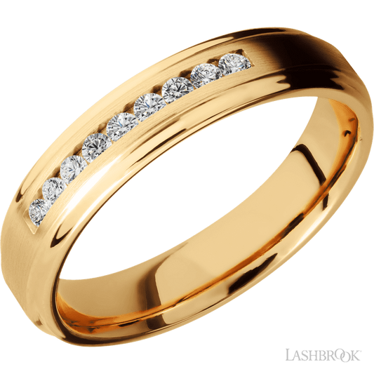5 mm wide/Flat Grooved Edges/14K Yellow Gold band with an  arrangement of 9, .03 carat Round Diamond stones in a Channel setting.