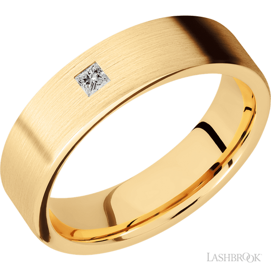6 mm wide/Flat/14K Yellow Gold band with an  arrangement of 1, .1 carat Princess Diamond stones in a Flush setting.