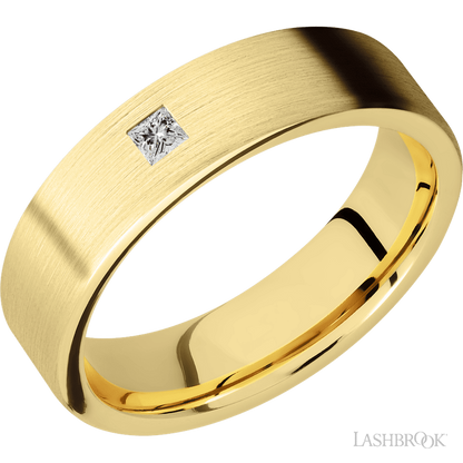 6 mm wide/Flat/14K Yellow Gold band with an  arrangement of 1, .1 carat Princess Diamond stones in a Flush setting.