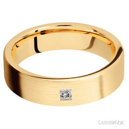 6 mm wide/Flat/14K Yellow Gold band with an  arrangement of 1, .1 carat Princess Diamond stones in a Flush setting.