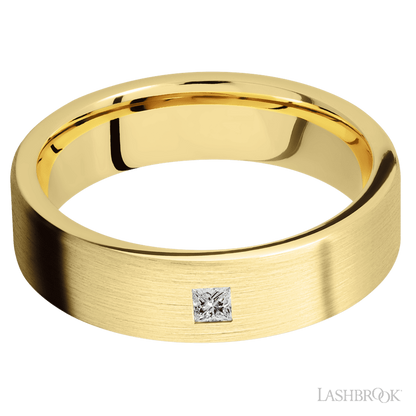 6 mm wide/Flat/14K Yellow Gold band with an  arrangement of 1, .1 carat Princess Diamond stones in a Flush setting.