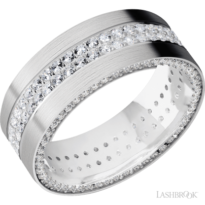 8 mm wide/Flat/14K White Gold band with a Side Eternity arrangement of .01 carat Round Diamond stones in a Bead Channel setting and featuring a a 2 Row Eternity arrangement of .015 carat Round Diamond stones in a Bead Channel setting