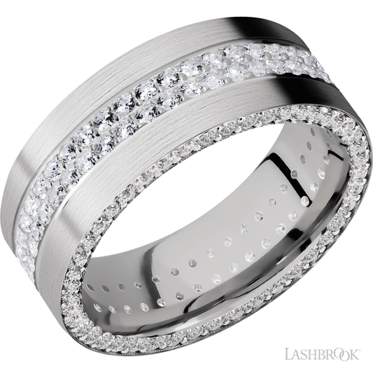 8 mm wide/Flat/14K White Gold band with a Side Eternity arrangement of .01 carat Round Diamond stones in a Bead Channel setting and featuring a a 2 Row Eternity arrangement of .015 carat Round Diamond stones in a Bead Channel setting