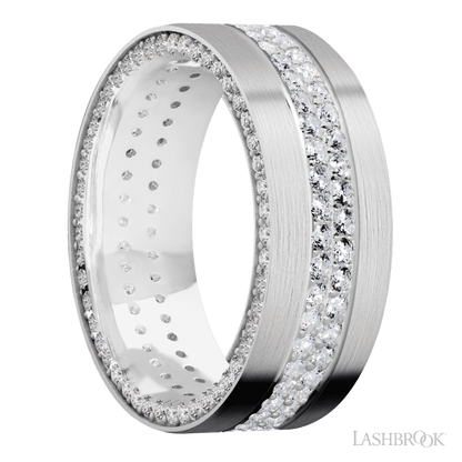 8 mm wide/Flat/14K White Gold band with a Side Eternity arrangement of .01 carat Round Diamond stones in a Bead Channel setting and featuring a a 2 Row Eternity arrangement of .015 carat Round Diamond stones in a Bead Channel setting