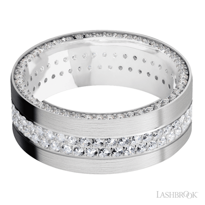 8 mm wide/Flat/14K White Gold band with a Side Eternity arrangement of .01 carat Round Diamond stones in a Bead Channel setting and featuring a a 2 Row Eternity arrangement of .015 carat Round Diamond stones in a Bead Channel setting