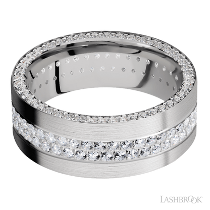 8 mm wide/Flat/14K White Gold band with a Side Eternity arrangement of .01 carat Round Diamond stones in a Bead Channel setting and featuring a a 2 Row Eternity arrangement of .015 carat Round Diamond stones in a Bead Channel setting