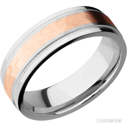 7 mm wide/Flat Stepped Edges Milgrain/Cobalt Chrome band with one 3 mm Centered inlay of 14K Rose Gold.