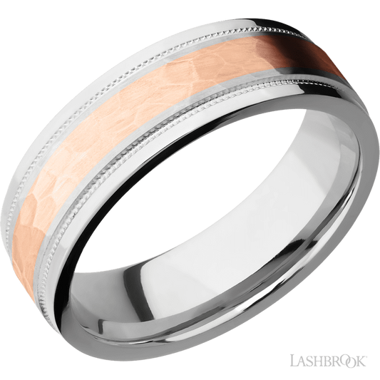 7 mm wide/Flat Stepped Edges Milgrain/Cobalt Chrome band with one 3 mm Centered inlay of 14K Rose Gold.