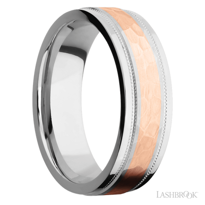 7 mm wide/Flat Stepped Edges Milgrain/Cobalt Chrome band with one 3 mm Centered inlay of 14K Rose Gold.