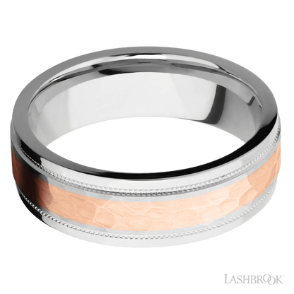 7 mm wide/Flat Stepped Edges Milgrain/Cobalt Chrome band with one 3 mm Centered inlay of 14K Rose Gold.