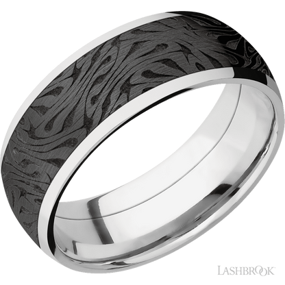 8 mm wide/Domed/Cobalt Chrome band with one 6 mm Centered inlay of Zirconium with a laser carved Escher 1 pattern.