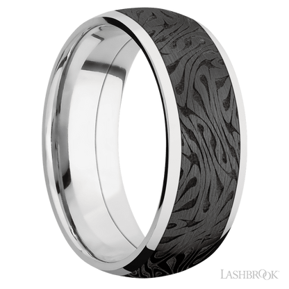 8 mm wide/Domed/Cobalt Chrome band with one 6 mm Centered inlay of Zirconium with a laser carved Escher 1 pattern.