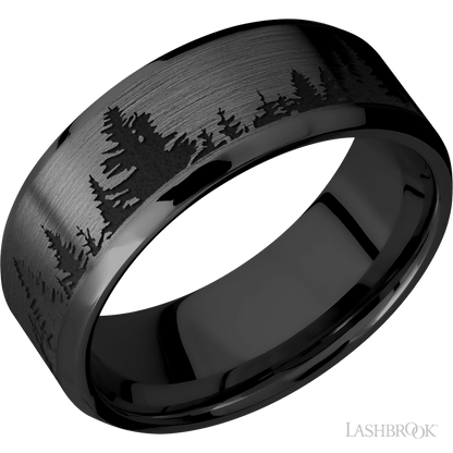 8 mm wide/Beveled/Zirconium band with a laser carved Trees pattern.
