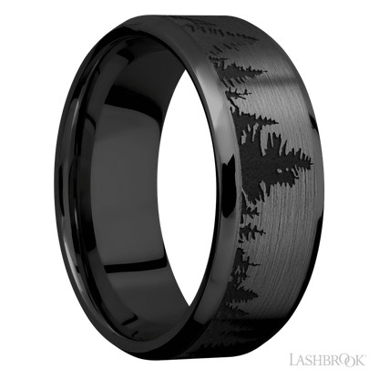 8 mm wide/Beveled/Zirconium band with a laser carved Trees pattern.