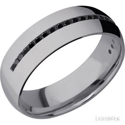 7 mm wide/Domed/Tantalum band with a Half Eternity arrangement of .015 carat Round Black Diamond stones in a Channel setting.