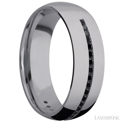 7 mm wide/Domed/Tantalum band with a Half Eternity arrangement of .015 carat Round Black Diamond stones in a Channel setting.