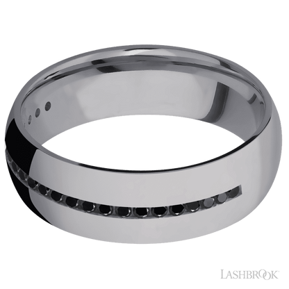 7 mm wide/Domed/Tantalum band with a Half Eternity arrangement of .015 carat Round Black Diamond stones in a Channel setting.