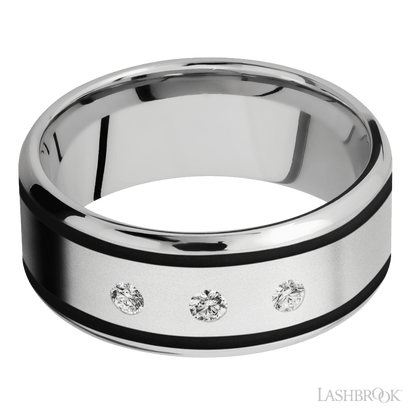 9 mm wide/Beveled/Cobalt Chrome band with  two 1 mm Wide inlays of Black and featuring an  arrangement of 3, .05 carat Round Diamond stones in a Flush setting
