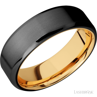 7 mm wide Beveled Zirconium band featuring a 14K Yellow Gold sleeve.