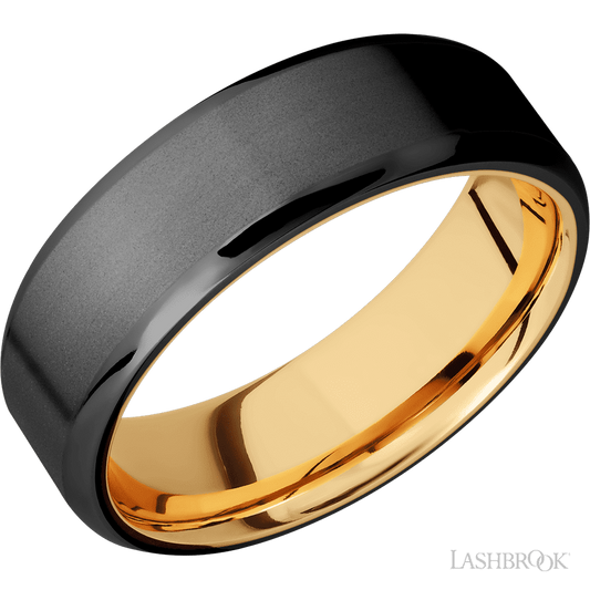 7 mm wide Beveled Zirconium band featuring a 14K Yellow Gold sleeve.