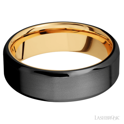 7 mm wide Beveled Zirconium band featuring a 14K Yellow Gold sleeve.