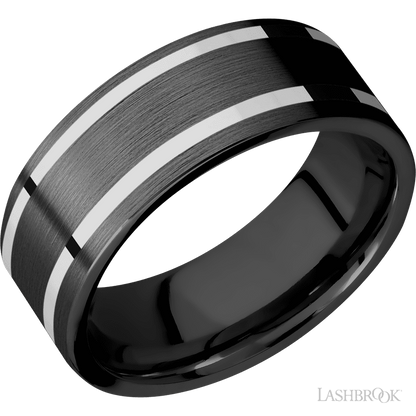 8 mm wide/Flat/Zirconium band with two 1 mm Wide inlays of 14K White Gold.