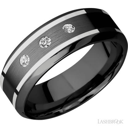 8 mm wide/High Bevel/Zirconium band with  two 1 mm Wide inlays of 14K White Gold and featuring an  arrangement of 3, .05 carat Round Diamond (ST) stones in a Flush setting