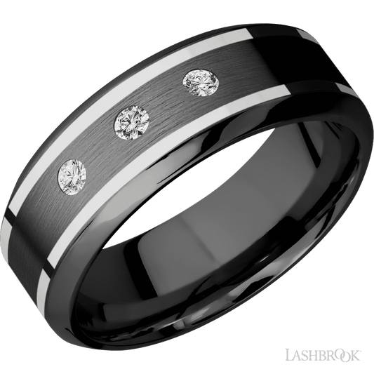8 mm wide/High Bevel/Zirconium band with  two 1 mm Wide inlays of 14K White Gold and featuring an  arrangement of 3, .05 carat Round Diamond (ST) stones in a Flush setting