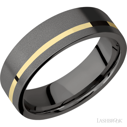 7 mm wide/Flat/Tantalum Noir band with one 1 mm Off Center inlay of 14K Yellow Gold.