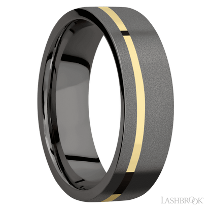 7 mm wide/Flat/Tantalum Noir band with one 1 mm Off Center inlay of 14K Yellow Gold.