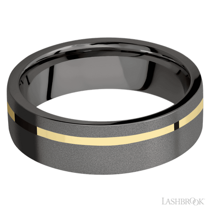 7 mm wide/Flat/Tantalum Noir band with one 1 mm Off Center inlay of 14K Yellow Gold.