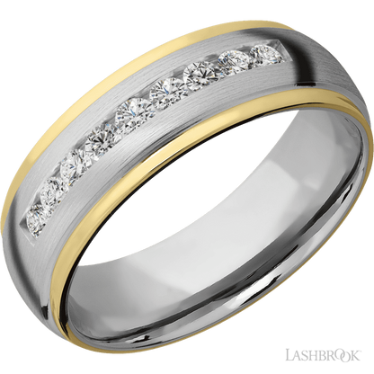7 mm wide/Domed Stepped Down Edges/Cobalt Chrome band with an  arrangement of 9, .05 carat Round Lab Grown Diamond stones in a Channel setting and featuring two 1 mm Edge inlays of 14K Yellow Gold