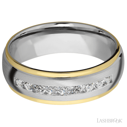 7 mm wide/Domed Stepped Down Edges/Cobalt Chrome band with an  arrangement of 9, .05 carat Round Lab Grown Diamond stones in a Channel setting and featuring two 1 mm Edge inlays of 14K Yellow Gold