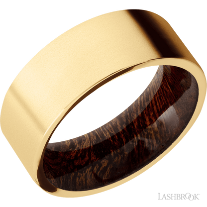 8 mm wide Flat 14K Yellow Gold band featuring a Sapele sleeve.