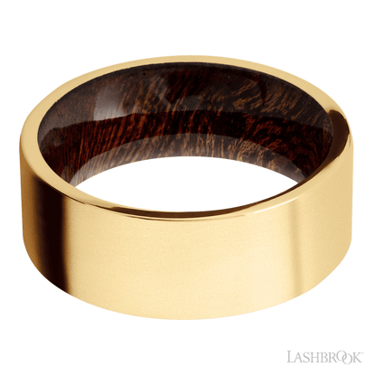 8 mm wide Flat 14K Yellow Gold band featuring a Sapele sleeve.