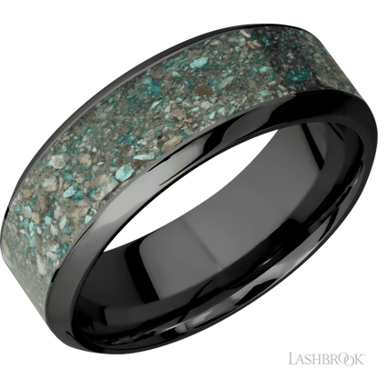 8 mm wide/High Bevel/Zirconium band with one 5 mm Centered inlay of Ocean Jasper.