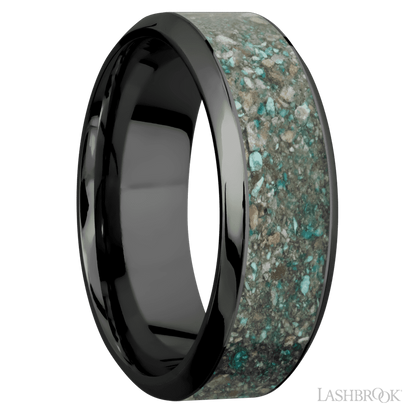 8 mm wide/High Bevel/Zirconium band with one 5 mm Centered inlay of Ocean Jasper.