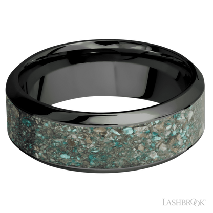8 mm wide/High Bevel/Zirconium band with one 5 mm Centered inlay of Ocean Jasper.