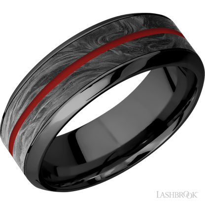 8 mm wide/High Bevel/Zirconium band featuring inlays of Forged Carbon Fiber and USMC Red.