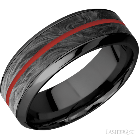Lashbrook 8mm High Bevel Zirconium Wedding Band — Forged Carbon Fiber and USMC Red Inlay
