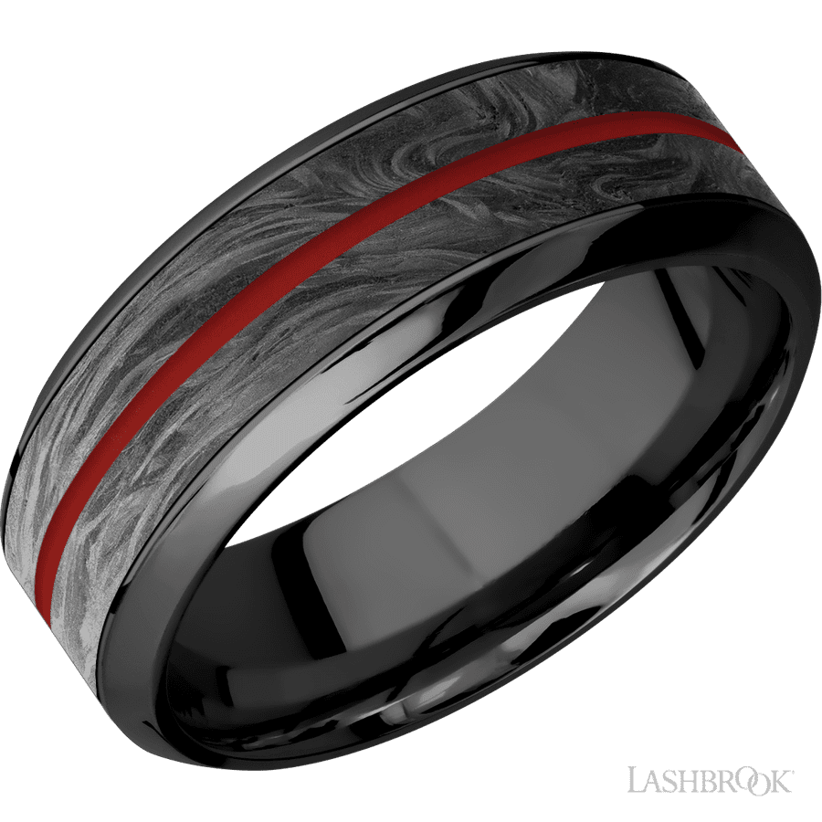 8 mm wide/High Bevel/Zirconium band featuring inlays of Forged Carbon Fiber and USMC Red.