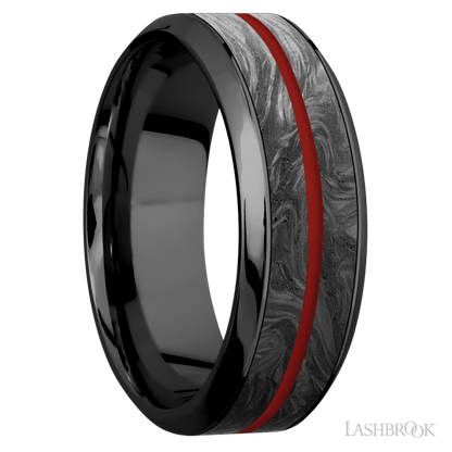 8 mm wide/High Bevel/Zirconium band featuring inlays of Forged Carbon Fiber and USMC Red.