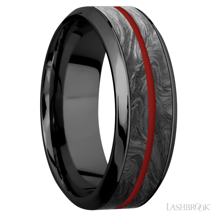 8 mm wide/High Bevel/Zirconium band featuring inlays of Forged Carbon Fiber and USMC Red.