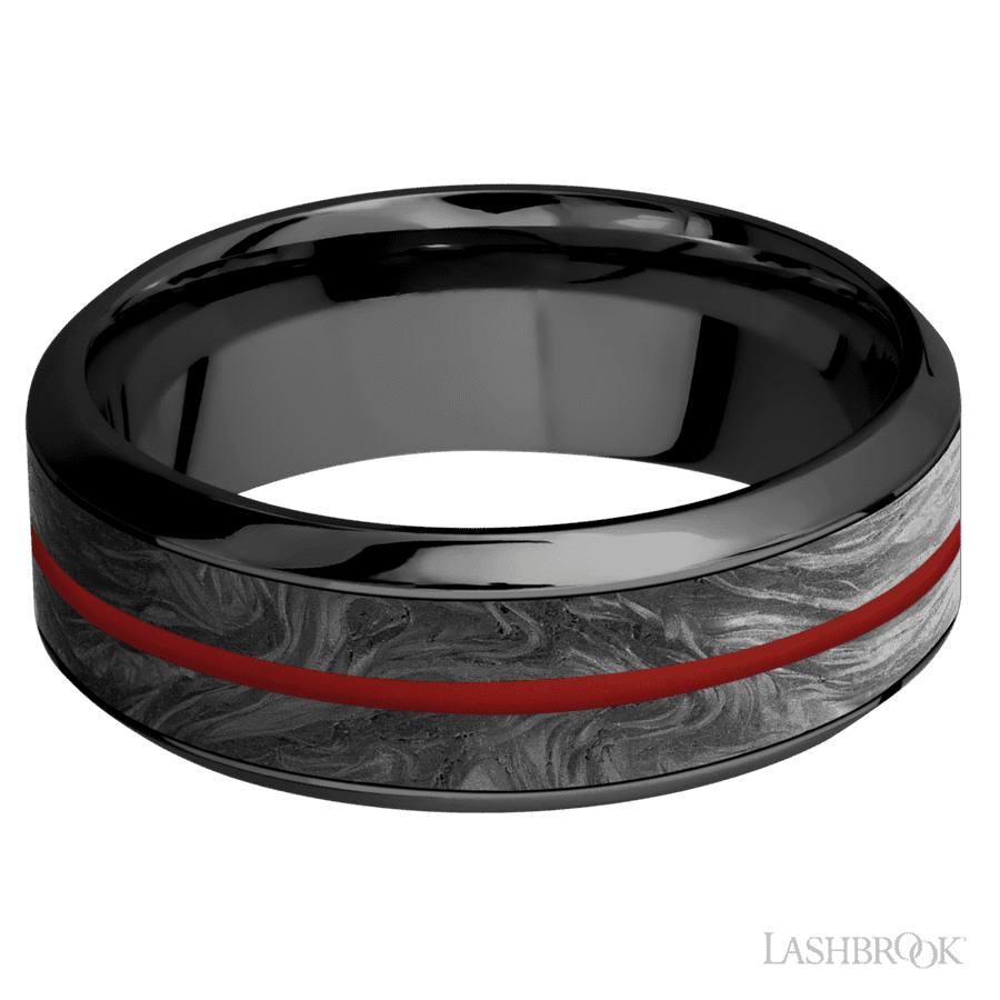8 mm wide/High Bevel/Zirconium band featuring inlays of Forged Carbon Fiber and USMC Red.
