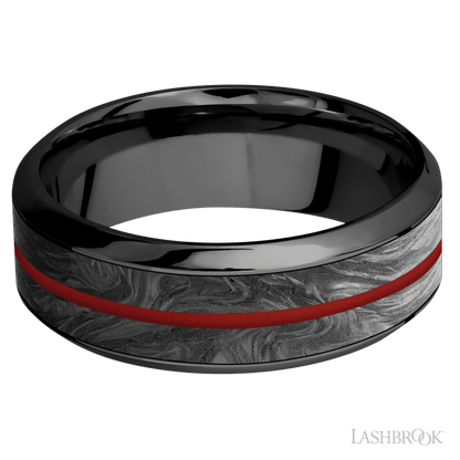 8 mm wide/High Bevel/Zirconium band featuring inlays of Forged Carbon Fiber and USMC Red.