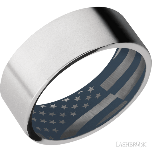 Lashbrook 8mm Flat Cobalt Chrome Wedding Band — Navy Blue Sleeve
